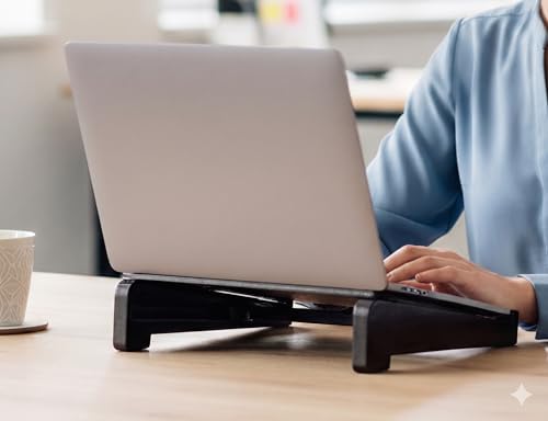 Image of Foldable Laptop Stand Handcrafted Wooden Laptop Stand for Desk with Length Adjustment and Laptop Riser that Works with Pad MacBook Pro and Other HP and Dell Devices 15.6 inches Dark Walnut