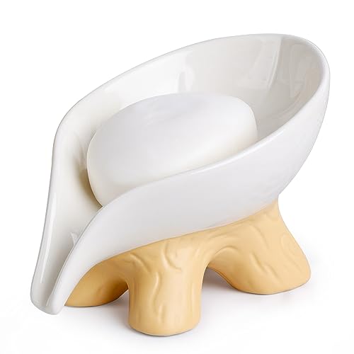 Soap Dish, Soap Holder Self Draining Leaf Shape Soap Dishes, Ceramic Draining Soap Dish for Bathroom Shower, White Farmhouse Soap Holder with Stump, ANTIS'S HOME 1pcs-brown