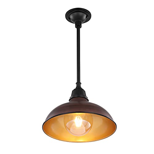 Image of JONATHAN Y Jasper 1-Light Farmhouse 12.25 inch Metal Pendant, Wood Finish /Black | Indoor Outdoor Use, Rustic Vintage Dome Shade, Adjustable Height, Kitchen Island Porch Entryway, LED Bulb Included
