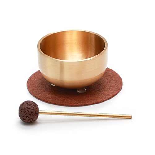 MimoriHive ペット仏具 メモリアル おりん 真鍮 火山岩 手元供養 仏壇 ミニ仏具 リラックス ペット用品 犬用品 猫用品 セット 一式 (ゴールド, ヘアライン仕上げ)