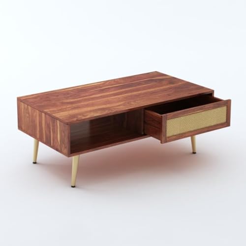 Image of MAMTA DECORATION Solid Sheesham Wood Coffee Table for Living Room | Wooden Center Table with Drawer & Open Shelf Storage for Home, Hall & Lounge | Modern Teapoy /Tea Table | Honey Finish