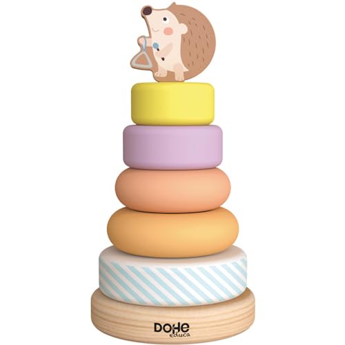 Image of DOHE Educa - Stackable Wooden Baby Hoops - 5 Coloured Rings and Base, Funny Hedgehog for the Top, Children's and Educational Material
