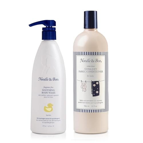 Noodle and Boo Soothing Baby Body Wash 16 Fl Oz + Ultra-Soft Fabric Conditioner 32 Fl Oz Bundle | Gentle Bath Soap and Laundry Care Essentials for Newborns, Toddlers, and Kids with Sensitive Skin