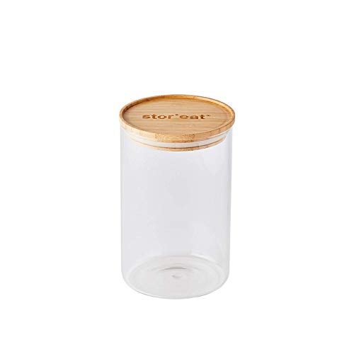 mastrad - Bocal De Stockage - Connecté Stor'Eat - Verre Borosilicate Résistant - Protège de l'Humidité - Couvercle Hermétique - Coloris Bambou - Sans BPA - 1300 ml