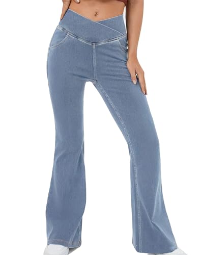 Stretch Flare Jeans for Women Crossover High Waist Denim Pants with 4 Pockets