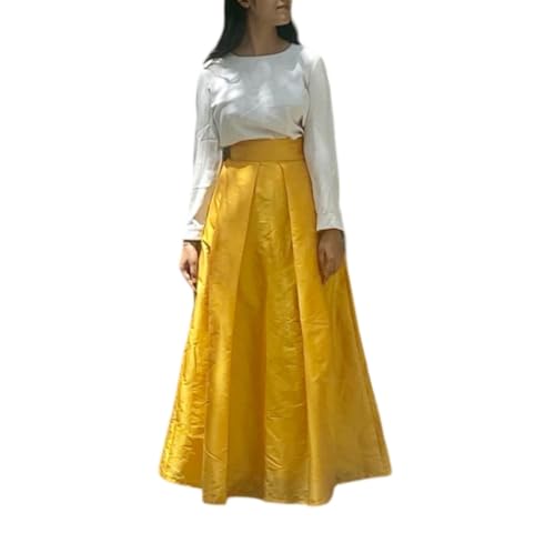 Yellow Pleated High Waist Taffeta Long Skirt with Belt & One Pocket – Handmade Casual Evening Party Skirt for Women4