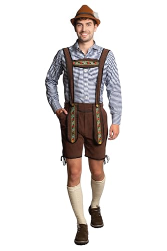 Partychimp Oktoberfest Homme's Lederhosen et chemisier (Courte Marron Foncé Polyester Lederhosen avec bretelles + Oktoberfest Chemise Bleu) Size 2XL