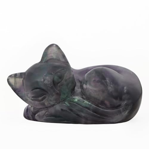 Figura de gato durmiendo en piedra Rainbow Fluorite 2 pulgadas miniatura 1