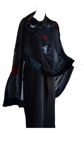 JennyJames Silk Base Burn-out Velvet Half Circle Wrap/Shawl,72"x42", Rose, Red on Black2