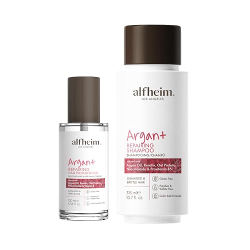 ALFHEIM Repair Argan Oil Shampoo & Hair Treatment Oil 2-Piece Set, Sulfate & Paraben-Free with Keratin, Niacinamide & Vitamin Complex for Hydrated, Strengthened, Anti-Frizz Hair