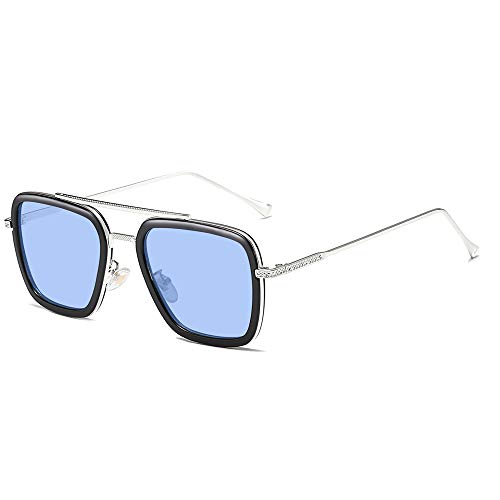 SOJOS Polarized Sunglasses for Men Women Retro Aviator Square Goggle Classic Alloy Frame Tony Stark Sunglasses SJ1126 with Silver Frame/Black Rim/Blue Lens