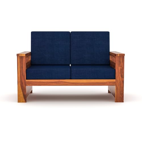 Image of Sheesham Wooden 2 Seater Sofa for Living Room | Rosewood 2 Seater Cushion Sofa Side Half Moon Rack | Solid Wood Sofa Set for Lounge (2 Seater,Honey Finish)