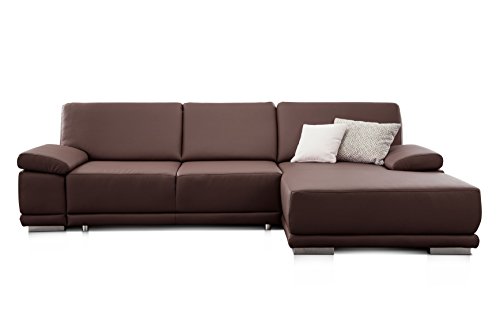 CAVADORE Ecksofa Corianne mit Schlaffunktion / Bettsofa in L-Form im modernen Design, inkl. Armteilverstellung und Longchair / 282 x 80 x 162 / Kunstleder, braun