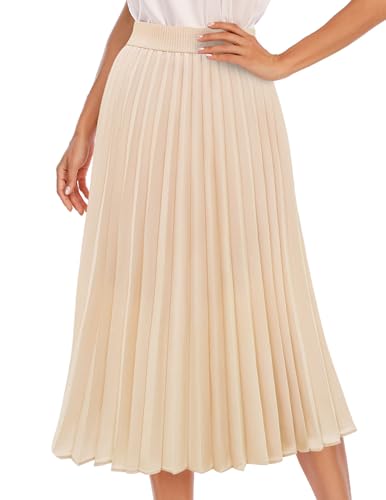 DRESSTELLS Women's Pleated Skirts Midi Length Long Elastic High Waisted A-Line Summer Flowy Chiffon Work Office Skirt 2026 Champagne L