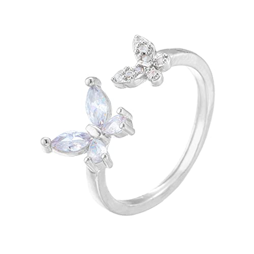Silver Butterfly Ring - Dainty Crystal Zircon Open Adjustable Statement Ring - Cute Promise Engagement for Women Bride