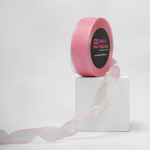 Image of Bells&Whistles Sheer Organza Ribbon | Pack of 2 | Length: 50 Yards Width: 1 inch | Christmas, Festive Decoration. (Pink)