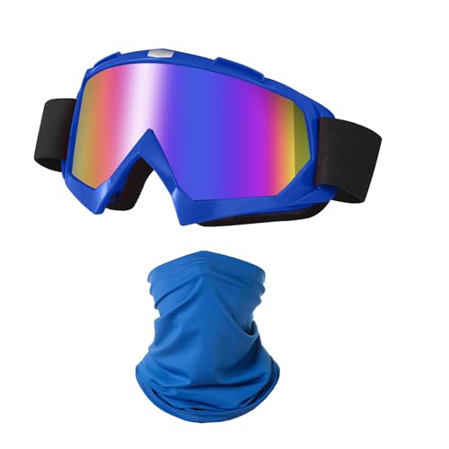 LJDJ Motorcycle Goggles Dirt Bike ATV Off-Road Riding Motocross Glasses with Sun UV Protection Neck Gaiter Face Cover (Blue/Colorful Lens)
