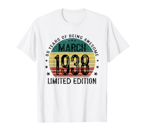 Vintage 1938 86 Años Cumpleaños Hombre Regalos Marzo 1938 Camiseta