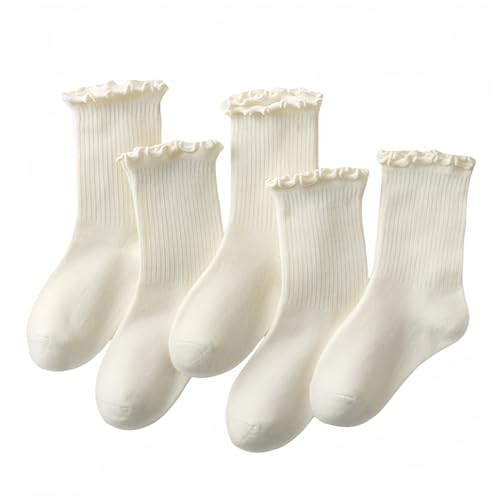 Baby Toddler Girls Ruffle Socks, Women’s Frilly Turn-Cuff Cotton Crew Socks - Breathable Casual Dress Socks 5 Pack