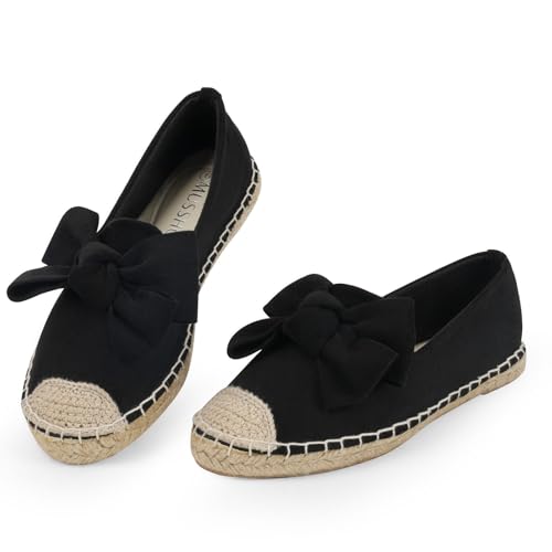 MUSSHOE Casual Espadrilles for Women Flats: Comfort Closed Toe Autumn Linen Sole Ballet Flats with Bow - Lightweight Slip on Walking Shoes for Vacation&Daily