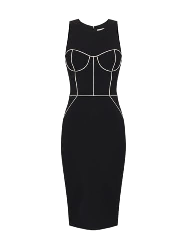 Elisabetta Franchi Vestido tubo negro de crepé con piping a contraste blanco AB724 685, Negro , L