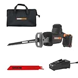 WORX 20V Compact Electric Cordless Reciprocating Saw, 1” Stroke Length, Brushless Motor for 50% Longer Runtime, Lightweight Design for One-handed Operation –Battery & Charger Included WX501L