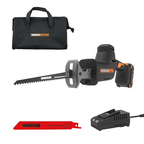 WORX 20V Compact Electric Cordless Reciprocating Saw, 1” Stroke Length, Brushless Motor for 50% Longer Runtime, Lightweight Design for One-handed Operation –Battery & Charger Included WX501L