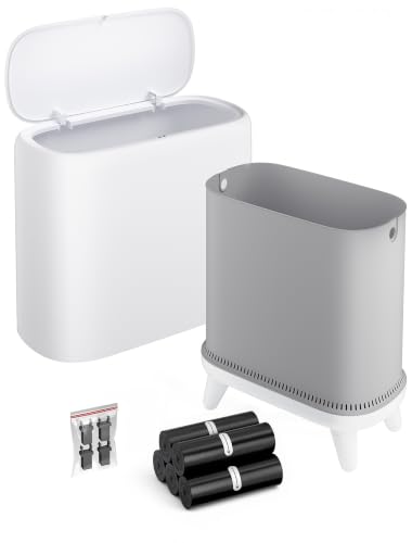 Image of Small Bathroom Trash Can with Lid, Dog Proof Slim Press Top Garbage Can, White Plastic Narrow Waste Basket, for Bathroom Bedroom Office Raised Legs 4.8 Gal with 5 Roll 75 Trash Bags