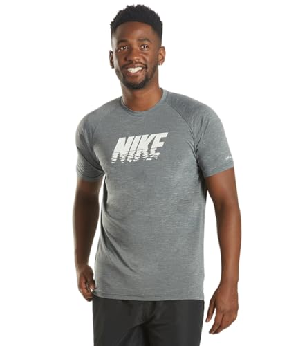 Nike Swim Men's Sunset Logo Short Sleeve Hydroguard Rash Guard Heather Black, Medium, Heather Black