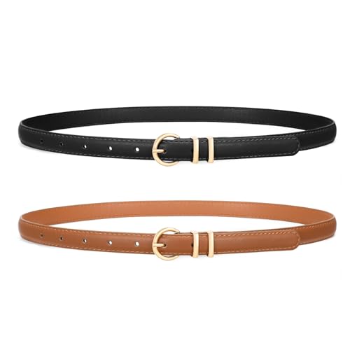 Women Skinny Belt for Jeans Fashion Ladies Leather Belt with Gold Buckle for Dress Pants