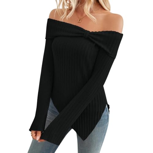 Sumleno Womens Cute Bow Off Shoulder Knitted Sweater Shirt Tops Sexy Side Slit Pullover Trendy Y2k Aesthetic Clothes