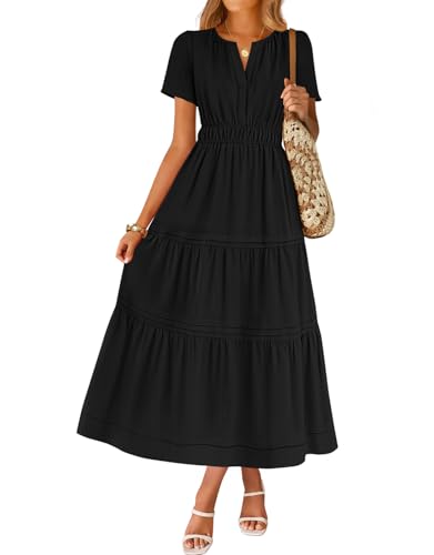 ZESICA Women's Summer Casual Short Sleeve Midi Dresses 2025 V Neck Elastic Waist Tiered Flowy Boho Dress with Pocket