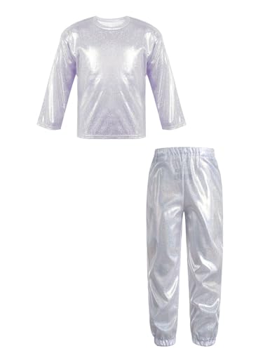 Zaldita Conjunto de baile metálico para niñas, camiseta de manga larga con pantalones de baile brillantes, conjunto de ropa Hip Hop, conjunto Jazz, plata, 146-152
