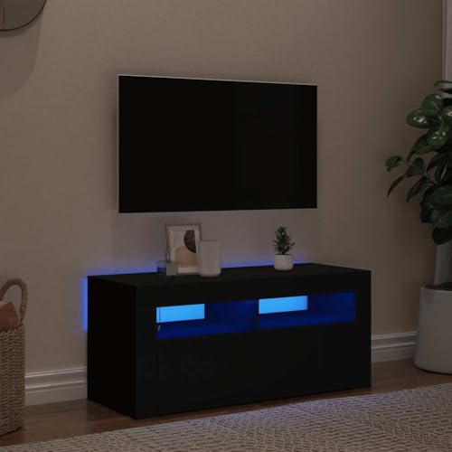 KTHLBRH TV-Schrank mit LED-Beleuchtung Schwarz Moderner TV-Ständer aus Eiche mit Stauraum und Kabelmanagement 90x35x40 cm