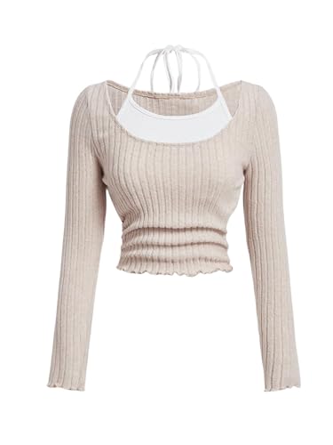SOLY HUX Girl's Cute Long Sleeve Crop Tops Preppy T Shirts Casual Halter Tops Cute Clothes for Girls Size 8-12 Apricot and White 10Y