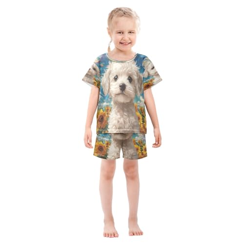 ALAZA White Dog Sunflower Blossom Pajamas Set Short Sleeve Cotton Sleepwear Summer Pjs 2 Piece 5-14Y3