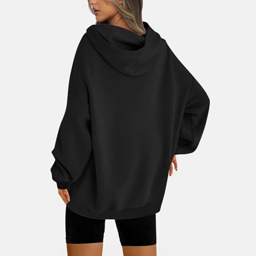 KOG Hoodie für Damen Baumwolle Hooded Sweatshirt Einfarbige Kapuzenpullover Warme Hoodies Teenager Mädchen Sweatshirt mit Kapuze Kleidung Fashion Frauen Warm Locker Schwarz XL