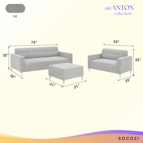 Image of SOCOZI Antonia 5 Seater Sofa Set with Ottoman | Soft Velvet Suede Fabric | Modern Design | Plush Comfort Cushions for Living Room (Light Grey)