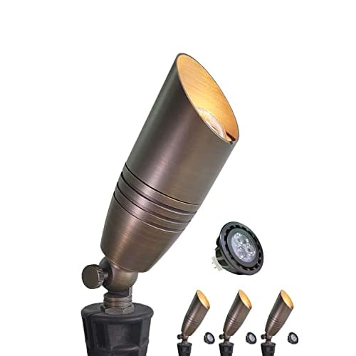MALORY Brass Landscape Spotlights 4-Pack with Bulb Kit(S02), Low Voltage 12V AC/DC LED Outdoor Spot Uplights for House and Tree,PVC Ground Stake and Wire Connector Included, 5W 2700K Warm Wh
