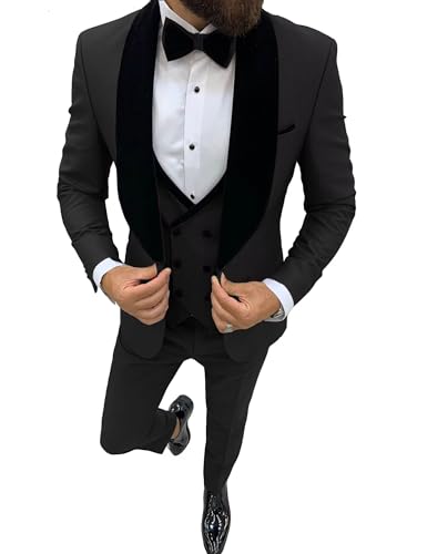 Wangyue Tuxedo for Men Slim Fit 3 Piece Suit Velvet Shawl Lapel Double Breasted Vest Wedding Prom Suits with Bow Tie
