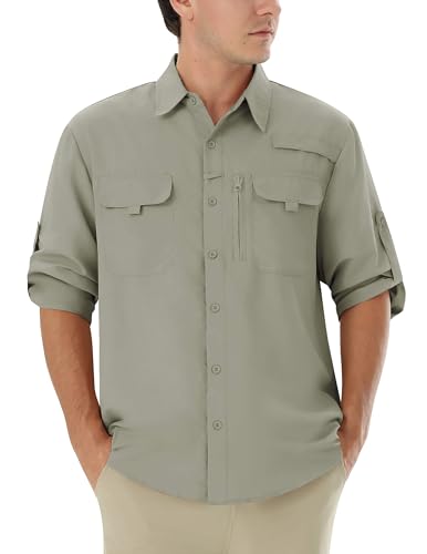 Herren Outdoor Hemd UV-Schutz UPF 50+ Langarm Wanderhemd Schnelltrocknend Atmungsaktiv Funktionshemd Anglerhemd Safari Tactical Shirt für Herren Olivgrau L