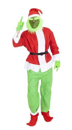 Rubies Disfraz Grinch para adulto, Chaqueta con pantalón y cinturón, cubrebotas, guantes, gorro y máscara, Monstruo Verde, para Navidad, Trajes Navideños, Cosplay, Santa Claus, Papa Noel