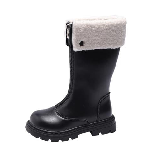 Front Zipper Girls Fleece Fur Lined Cowboy Boots Mid Calf Chunky Low Heel Winter Snowday Motorcycle Biker Boots