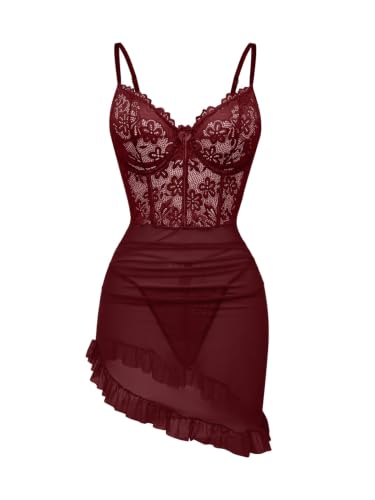 Image of Foxiny Underwire Lace Ruched Bodycon Lingerie Dress Kit | Unlined cups, four-way stretch mesh, adjustable straps and asymmetric ruffle hem define the waist-to-hip line; matching thong