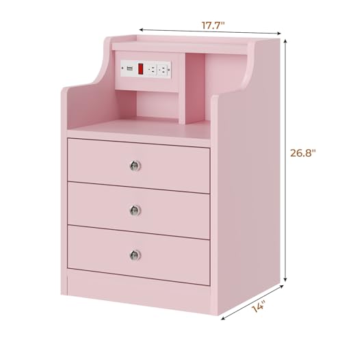 ADORNEVE Nightstand with Charging Station,Pink Night Stand with Hutch,Bedside Table with Drawers,Bed Side Table with Storage