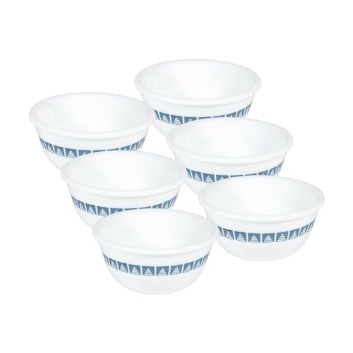 Image of CORELLE Glass Vegetable Bowl Livingware Wheeler Diamond 177 ml Katori Pack of 6 (Pack of 6, White)