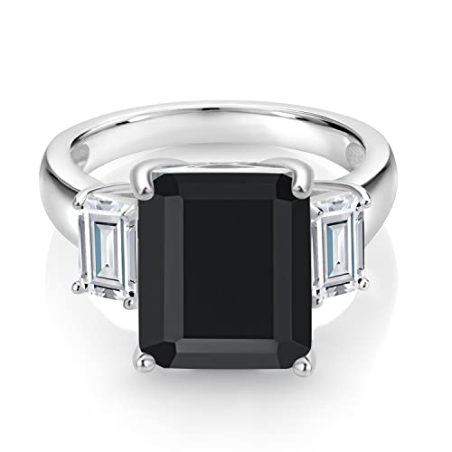 Gem Stone King 6.91 Cttw Black Onyx and White Moissanite 3 Stone Engagement Ring For Women | 925 Sterling Silver | 3 Stone Wedding Anniversary Promise Ring | Available In Size 5, 6, 7, 8, 93