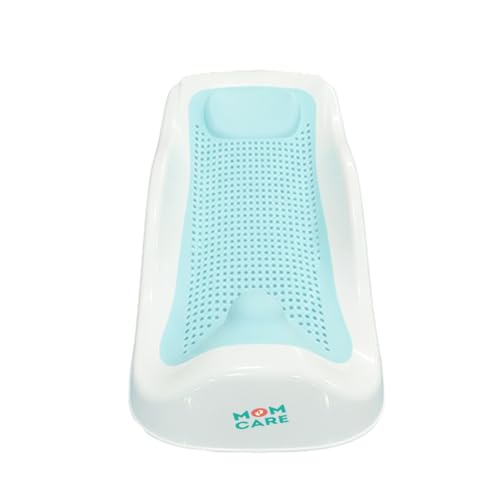 Image of MOM CARE Foldable Baby Bath Support Seat for Newborn (0-6 Months) | Anti-Slip Silicone Baby Bather | Ergonomic Infant Bath Seat for Sink, Tub & Floor | Portable Newborn Bath Support Chair | Blue