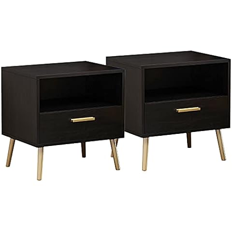 FUFU&GAGA Nightstand Set of 2 Modern Bedside Table with Metal Legs Minimalist and Versatile End Side Table, 1 Drawer & 1 Open Shelf (Black Brown) Cover