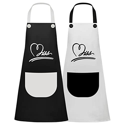 2 Piezas Delantales Impermeables Delantal de Cocina Delantal de Ajustable con Grande Bolsillos Delantal Cocina Mujer Hombre, Delantal de Pareja para Hogar Restaurante Jardín, Hornear, Negro Blanco Cover
